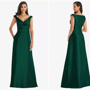 Alfred Sung Off-the-Shoulder Draped Wrap Satin Maxi Dress, Hunter Green Size 14